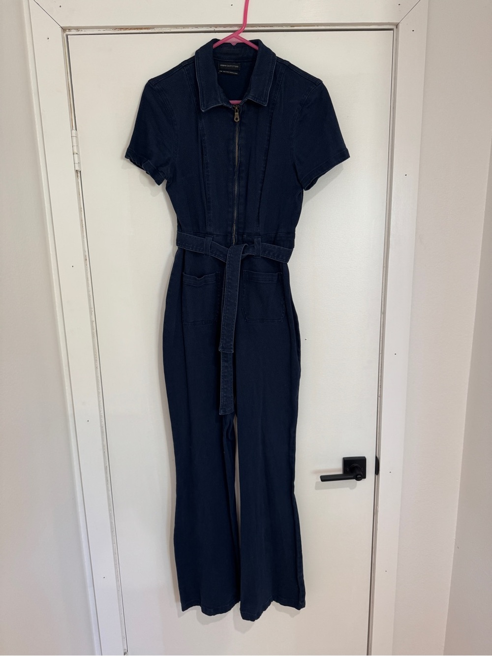 Urban Outfitters Women’s Navy Short-Sleeve Zip Front Jumpsuit with Belt